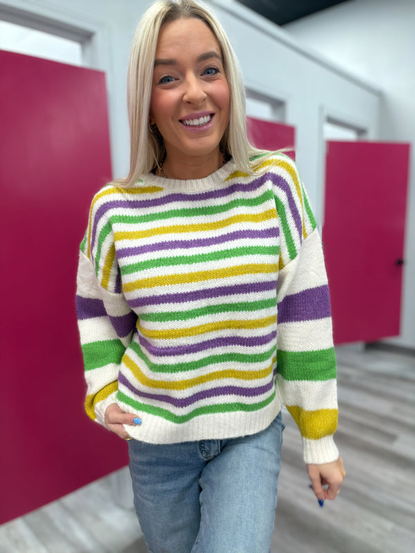 Here for the Beads Mardi Gras Stripe Sweater - Ivory
