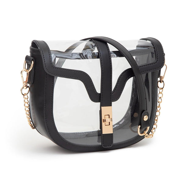 Clear Bag With Vegan Leather Trim Featuring Twist Lock Buckle Closure