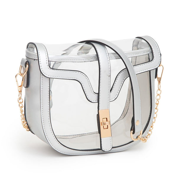 Clear Bag With Vegan Leather Trim Featuring Twist Lock Buckle Closure