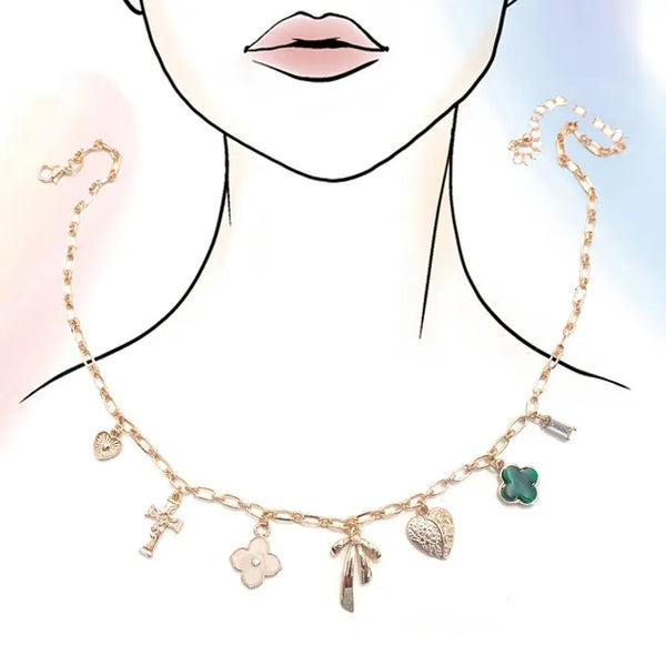 Charm Necklace-Green Detail Bow Cross Heart