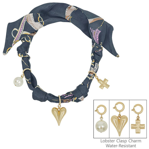 Black Knotted Scarf Necklace with Puffy Heart, Pearl, Cross