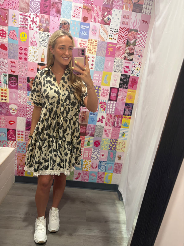 Collared Animal Print Dress Oatmeal