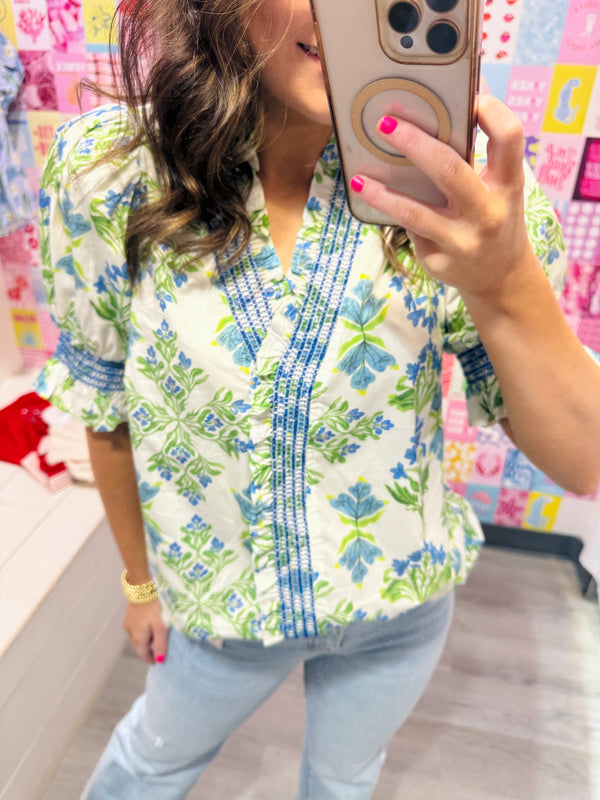 The Spring in Bloom Puff Sleeve Blouse | Blue