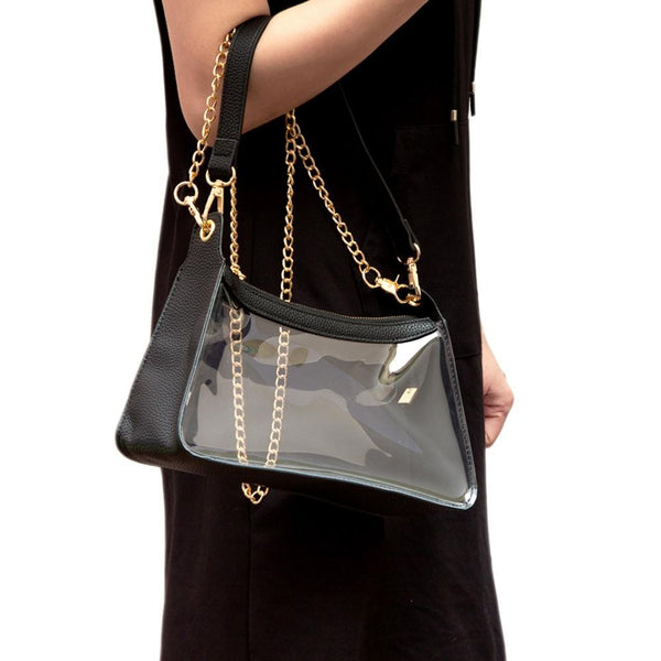 Clear Vegan Leather Cross Body Tote Bag With Detachable Chain Strap