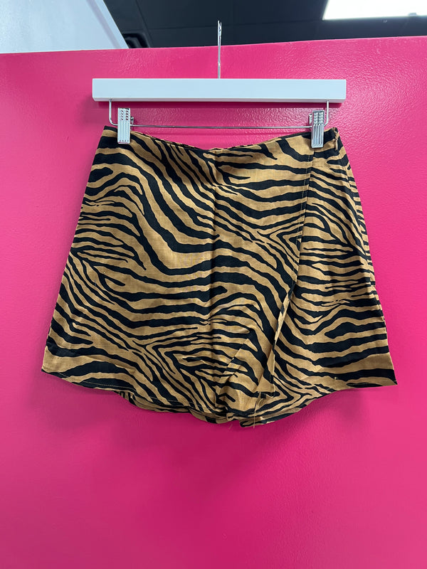 Tiger Print Asymmetric Draped Mini Wrap Skort