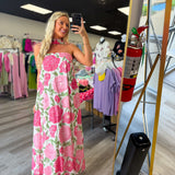 Strapless Floral Maxi Dress with Convertible Scarf | Pink
