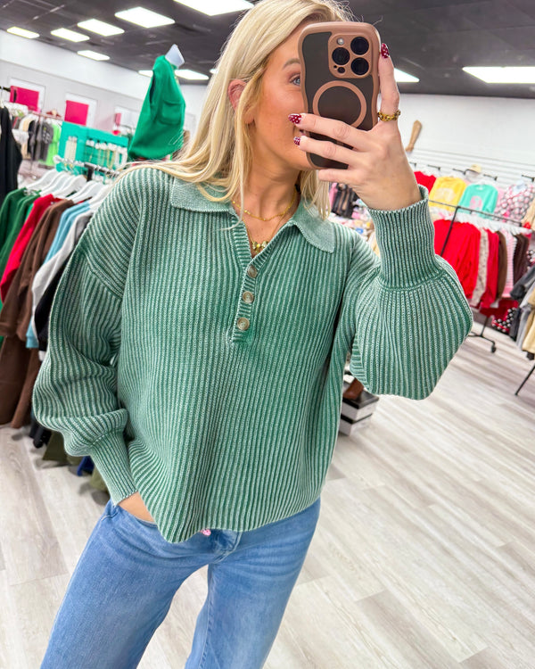 Dark Green Washed Collared Henley Shirts Sweater