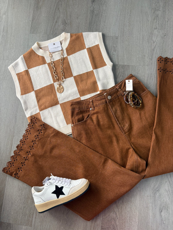 Check It Out Checkered Sweater | Brown and White