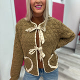 Brown Floral Trim Heart Pocket Quilted Jacket