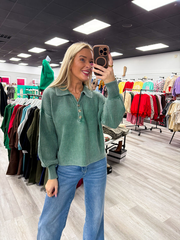 Dark Green Washed Collared Henley Shirts Sweater