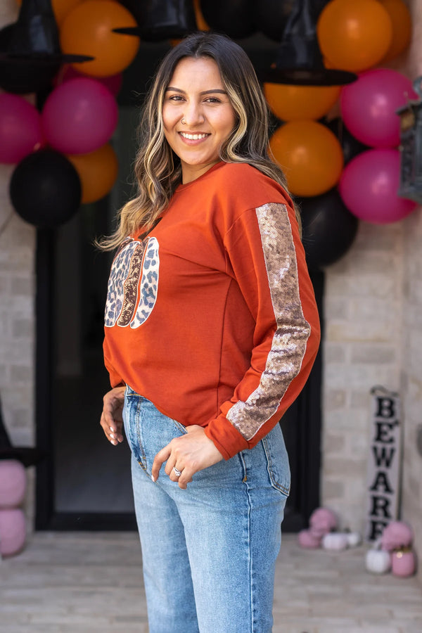 Rust Sequin Sleeve Leopard Pumpkin Top