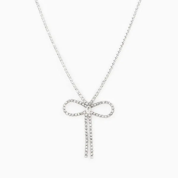 Rhinestone Chain Symmetrical Bow Necklace w/ Baguette Cz