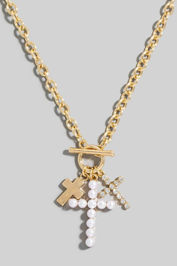 Pearl And Glass Pave Cross Charms Toggle Chain Necklace