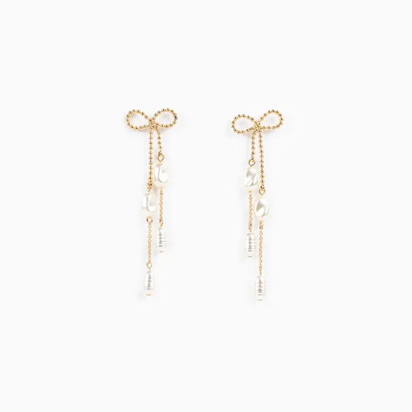 Long Bow Pearl Deco Drop Earrings