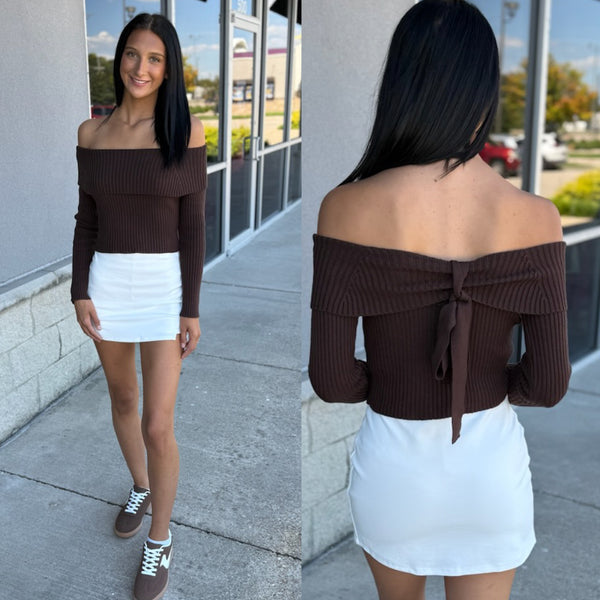 Time for Me To Go Off Shoulder Bow Back Ribbed Sweater