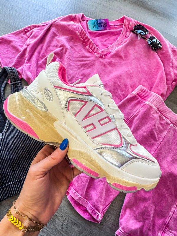 Here We Go - V Neck and Biker Short Set Pink