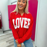 Lover Vinyl Split Neck Graphic Crewneck on Red