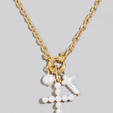 Pearl And Pearl Studded Cross Charms Necklace