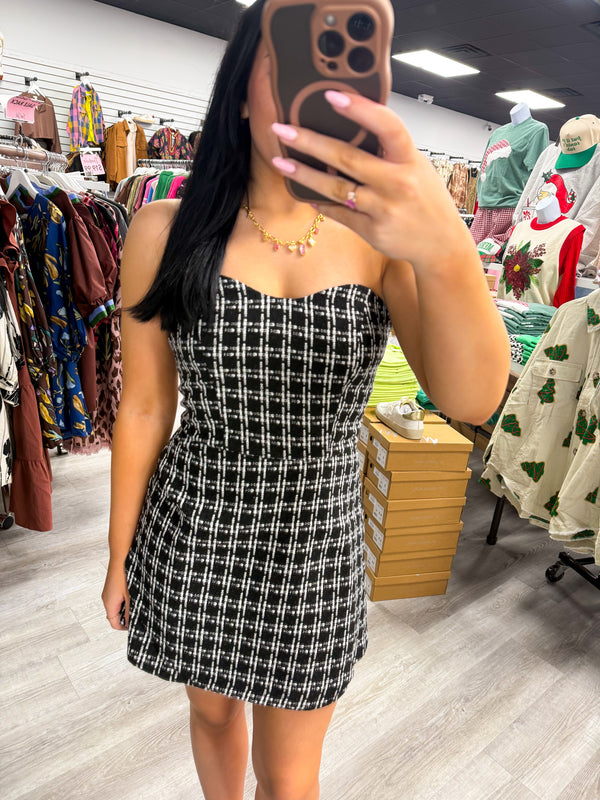 Tweed Checkered Wrap Front Mini Dress W/flap