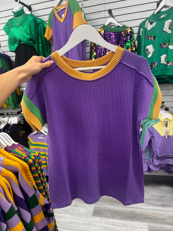 Mardi Gras Raised Rib Contrast Trim Top Purple