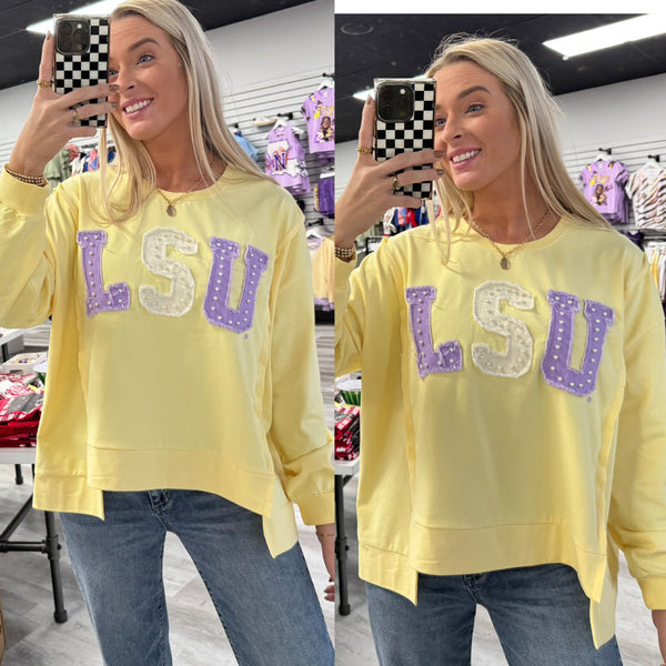 LSU (Licensed) | Women's Distressed Embroidery Pullover