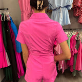 Pink Lapel Collar Short Sleeves Romper