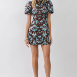 Damask Print Mandarin Collar Mini Dress