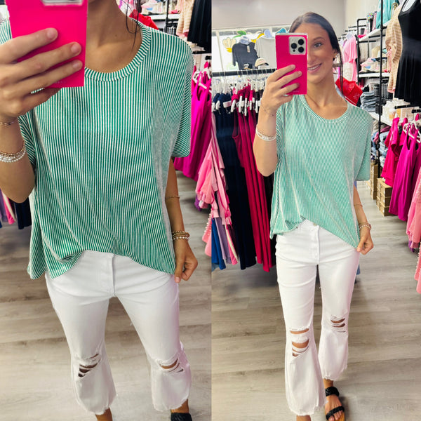 Ribbed Striped Oversized Short Sleeve Top