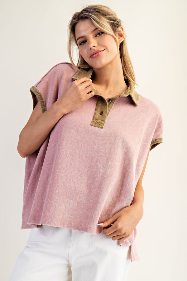 Contrasting Color Collar Top | Mauve