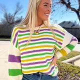 Here for the Beads Mardi Gras Stripe Sweater - Ivory