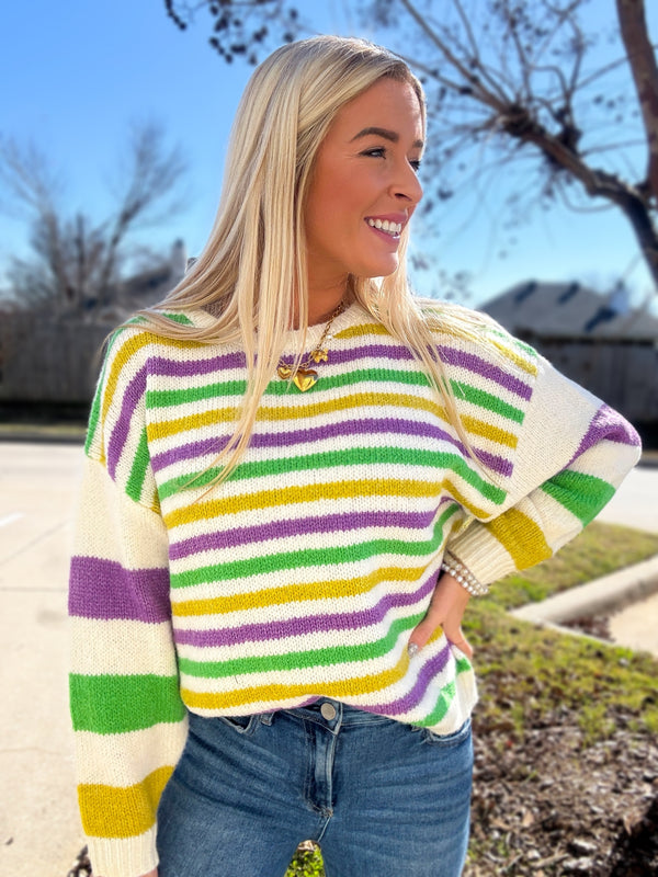 Here for the Beads Mardi Gras Stripe Sweater - Ivory