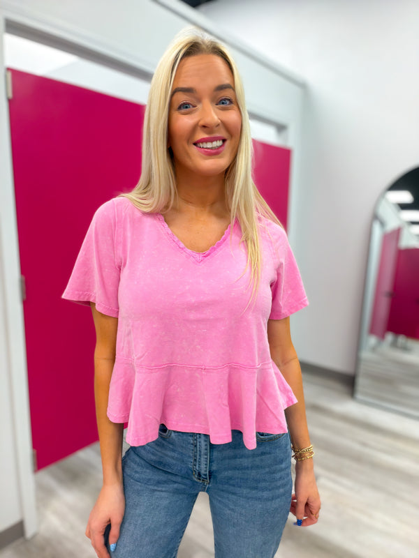 Rosey Little Life Acid Wash V Neck Pink Tee