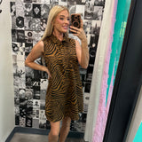 Tiger Print Button Down Shirt Dress With Pockets