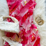 Bright Fuchsia  Floral Strapless Mini Ruffle Dress