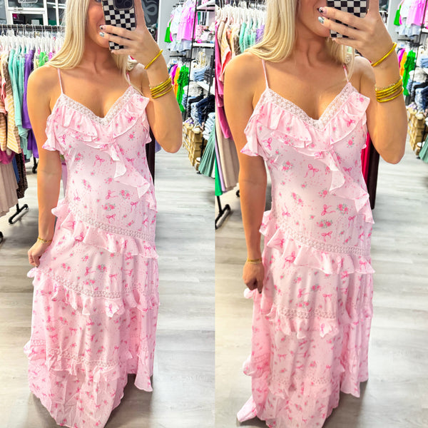 Pink Rose Bow Ruffle Maxi Dress