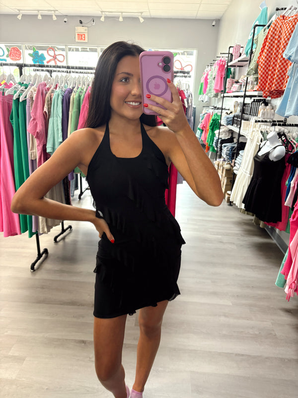 Black Halter Ruffle Mini Dress