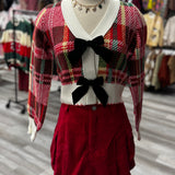 Plaid Sweater with Velvet Bow | Red