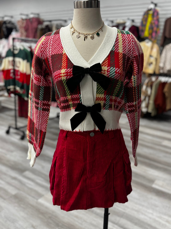 Plaid Sweater with Velvet Bow | Red