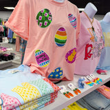 Pink Sequin Easter Eggs Graphic Crewneck T Shirt