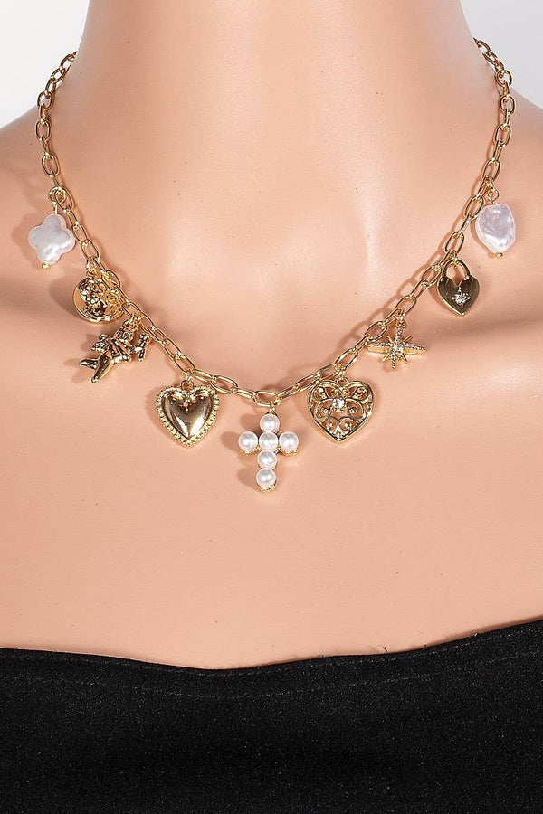 Pearl And Metallic Heart Cross And Cherub Charms Chain Necklace