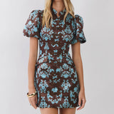 Damask Print Mandarin Collar Mini Dress
