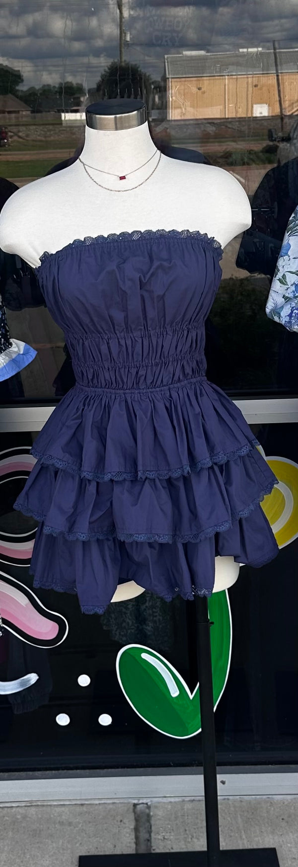 It's My Time Strapless Tired Mini Dress Romper Navy