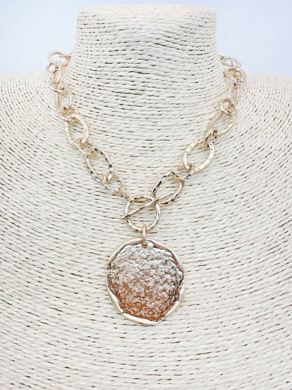 Open Gold Chain with Hammered Coin Charm 16"-18" Necklace