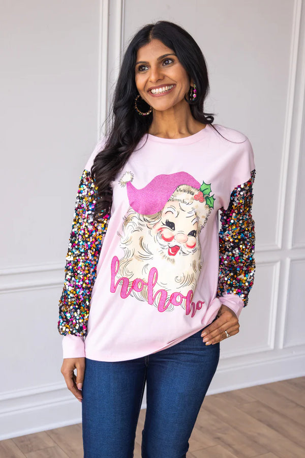 Pink Sequin Sleeve Santa Claus Top