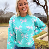 Bow Sweater Aqua and Pink