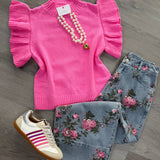 Lucky Days Pink Ruffle Knit Top
