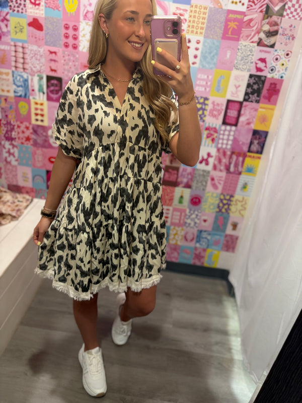 Collared Animal Print Dress Oatmeal