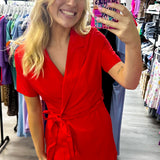 Red Lapel Collar Short Sleeves Romper