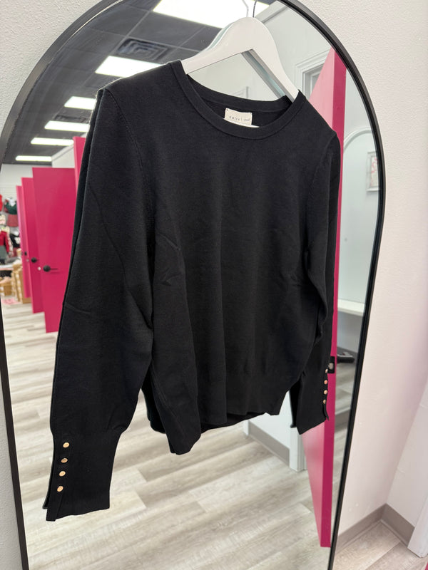 Solid Long Sleeve Sweater With Gold Button | Black