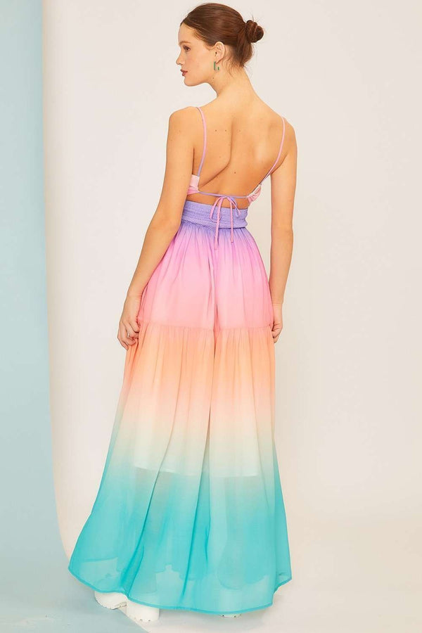 Rainbow Ombre Tie Smocked Maxi Dress